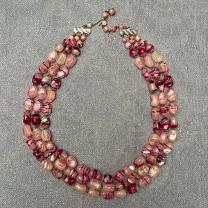 Vintage 60s Pink Necklace 1960s Retro Three Strand Chunky MCM Pinup Cute